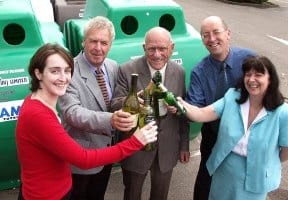 Bottle banks were first installed in Barnsley in 1977, pictured are the 25th anniversary celebrations with Glass Recycling UK, organised by letsrecycle.com in 2002 
